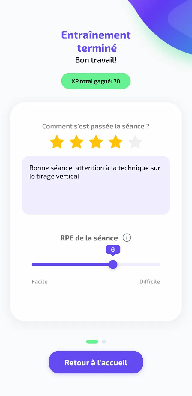 Écran Regain de fin de séance : Entraînement terminé, XP total gagné, note de la séance et ressenti d'effort
